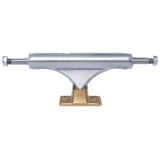 Skateboard truck with silver metal finish and gold base on a white background