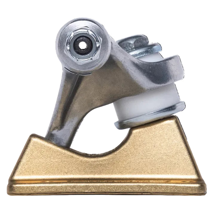 Skateboard truck with gold base and silver metal components on a white background