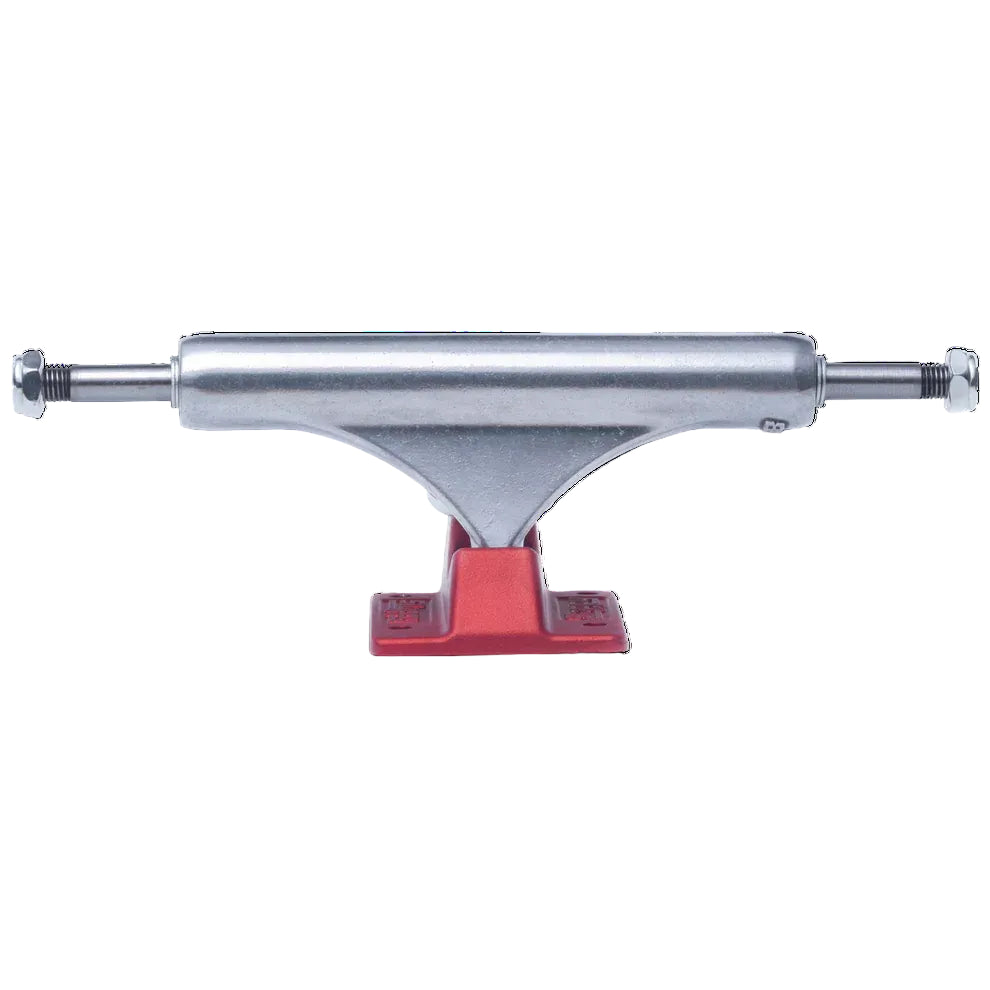 Skateboard truck with red baseplates on a white background