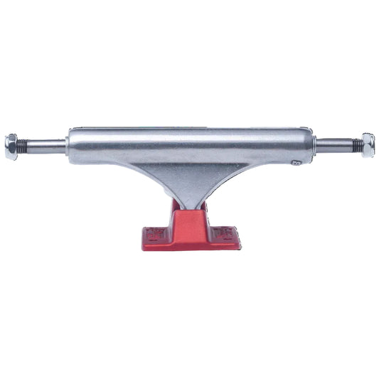 Skateboard truck with red baseplates on a white background