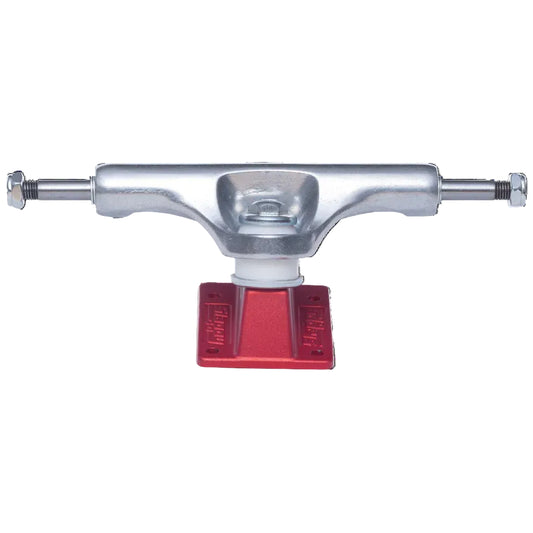 Skateboard truck with red bottom plate on a white background