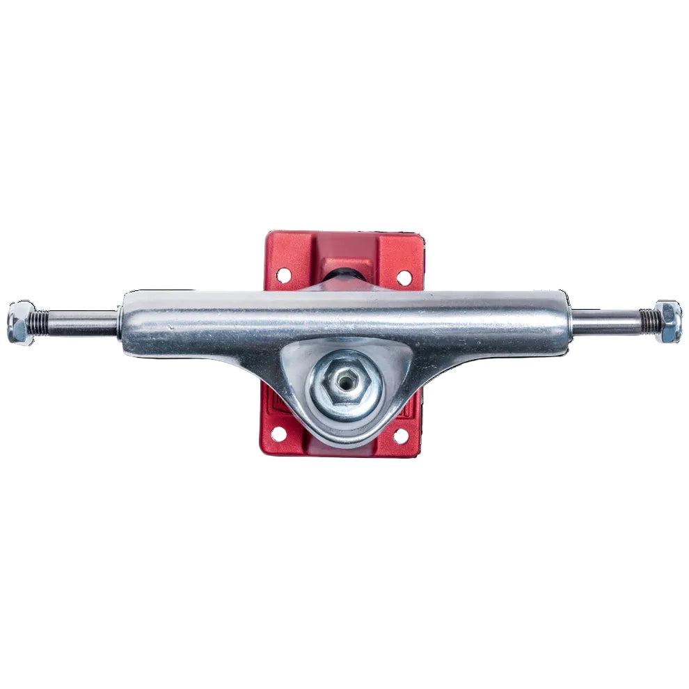 Skateboard truck with red baseplates on a white background
