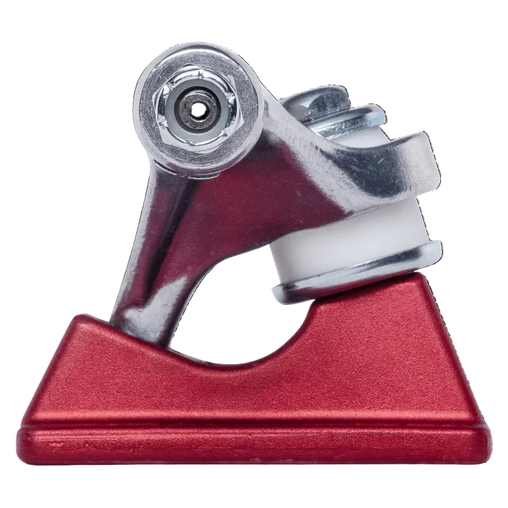 Red and silver metal skateboard truck on a white background