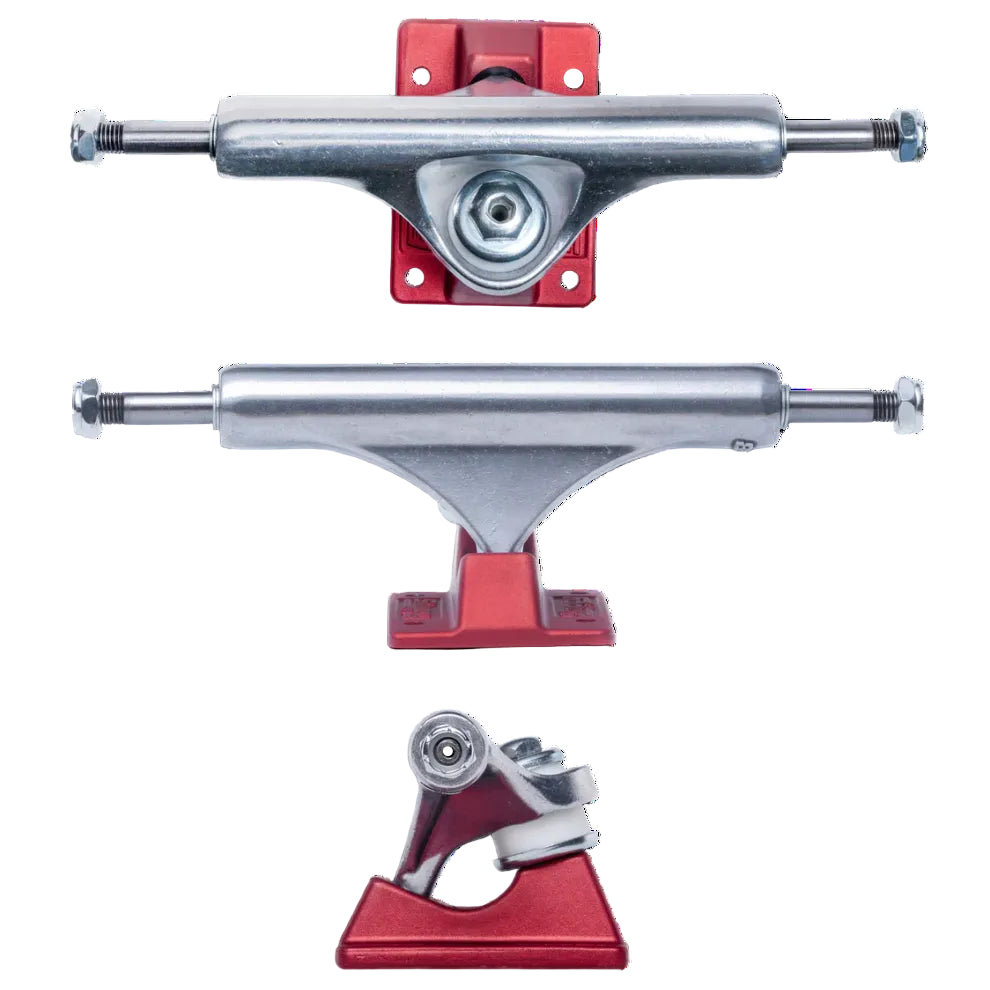 Two skateboard truck assemblies with red baseplates and silver metal on a white background