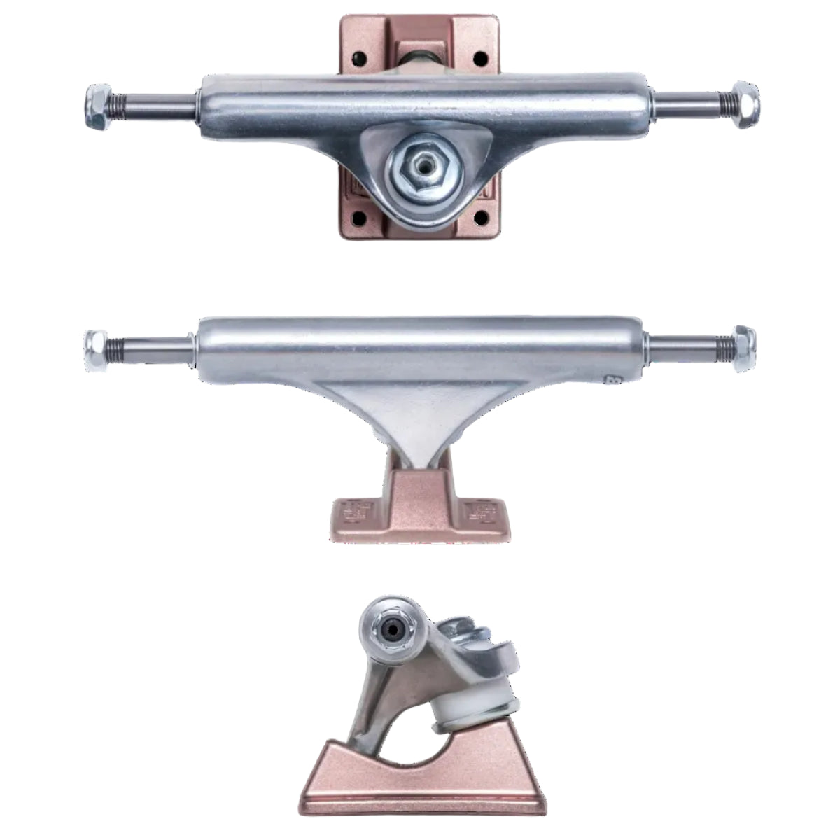 Skateboard truck assembly with rose gold and silver components on a white background