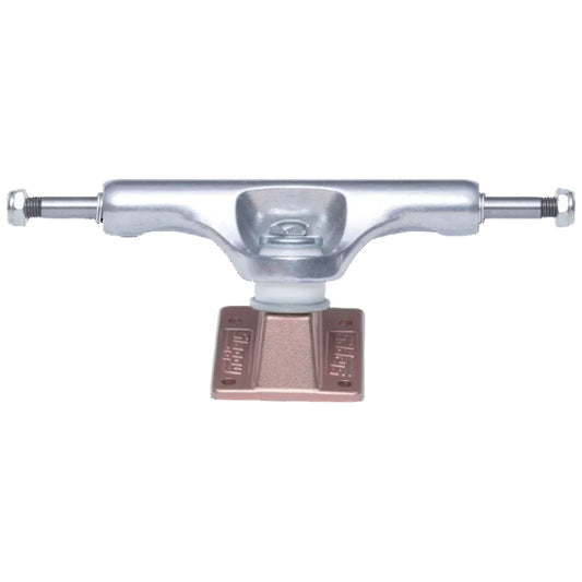 Skateboard truck with metal hardware on a white background