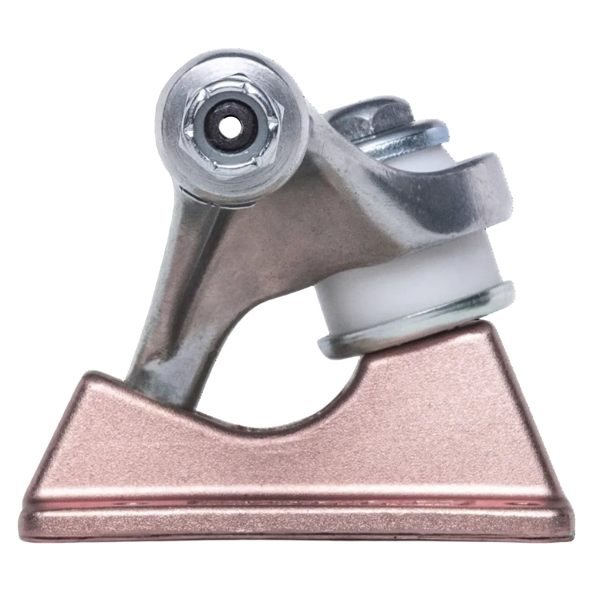 Skateboard truck with rose gold base and silver hardware on a white background