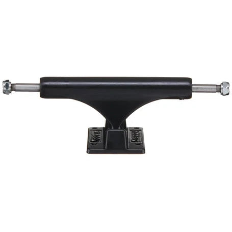 Black metal skateboard truck on a white background