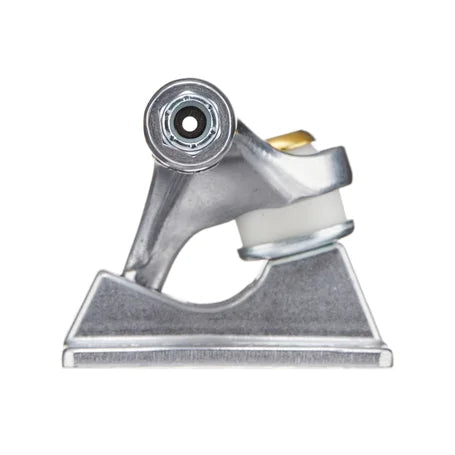 Metallic object with a cylindrical component on a white background