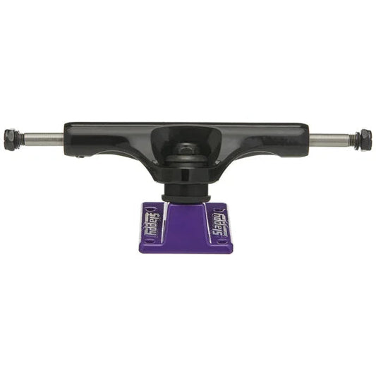 Black skateboard truck with purple bushings on a white background
