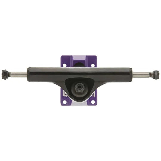 Skateboard truck with purple mounting plate on a white background