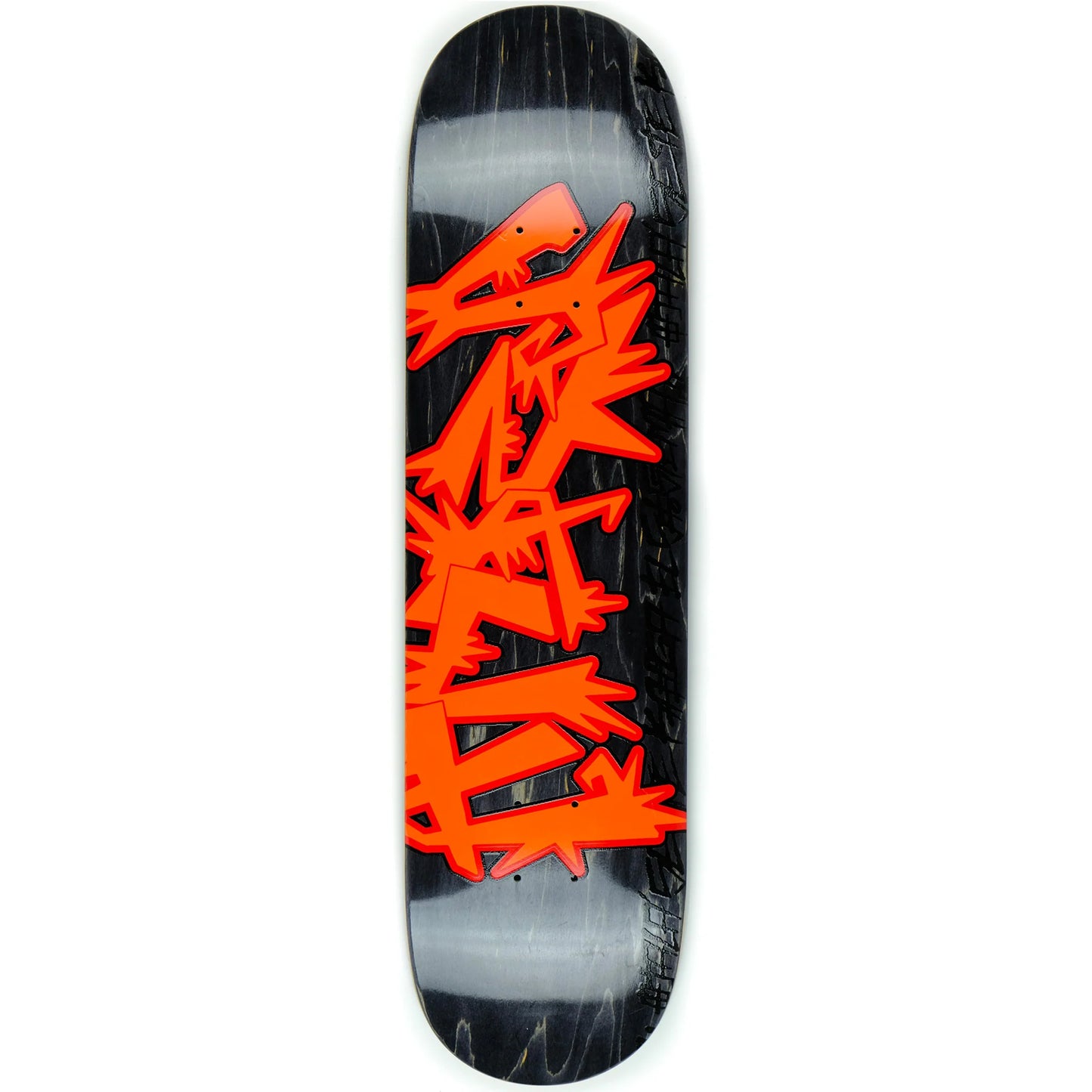 Skateboard deck with orange abstract design on a black and gray background