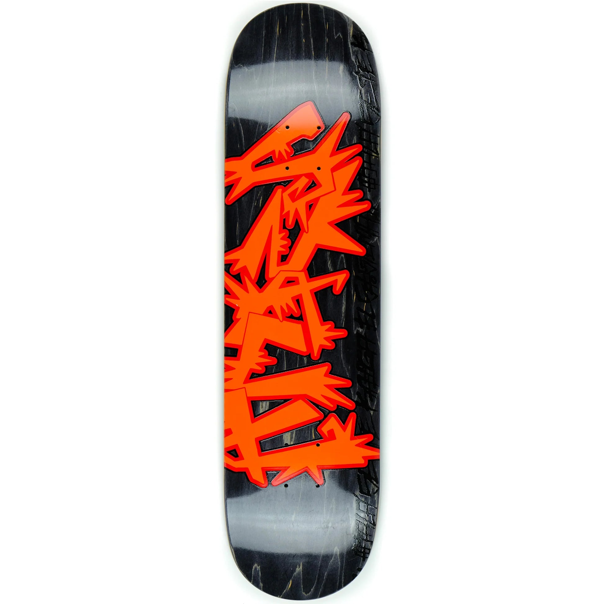 Skateboard deck with orange abstract design on a black and gray background