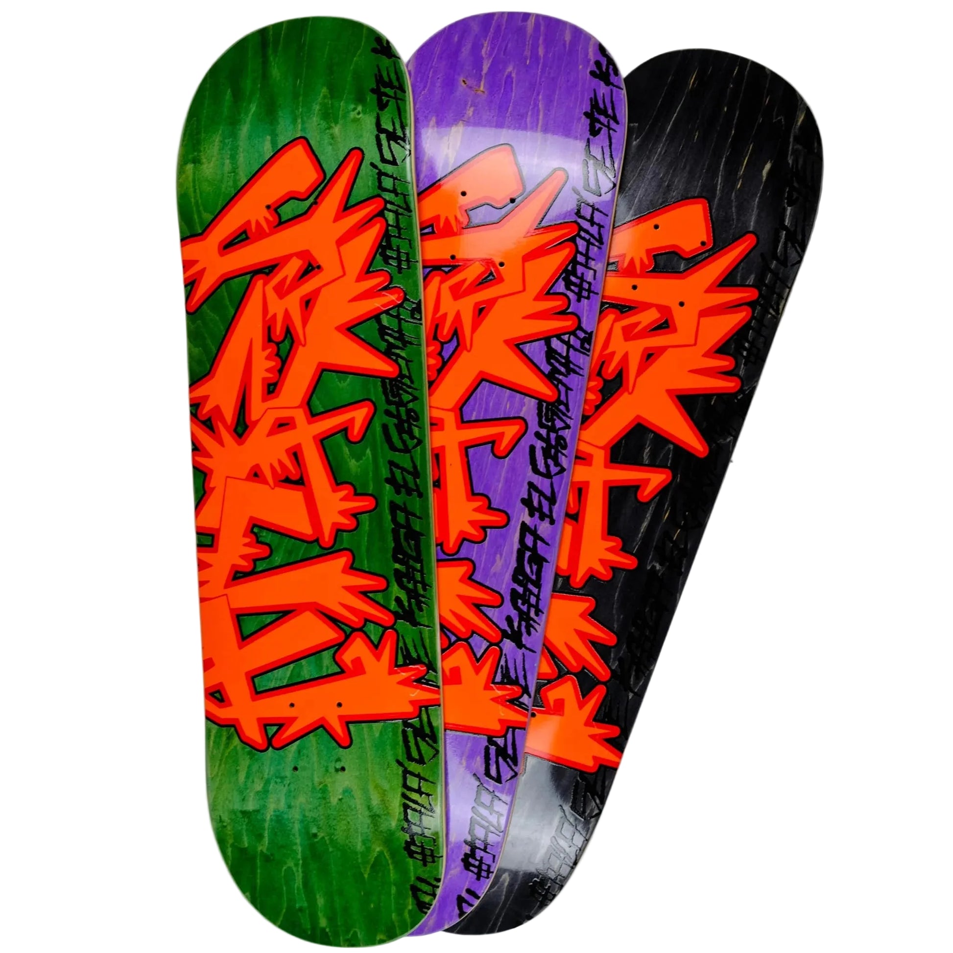 Three skateboard decks with colorful designs on a white background
