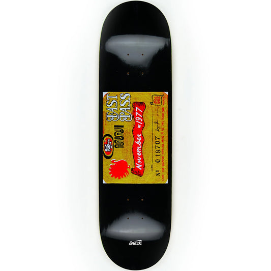 Skateboard deck with a vintage-style label on a white background