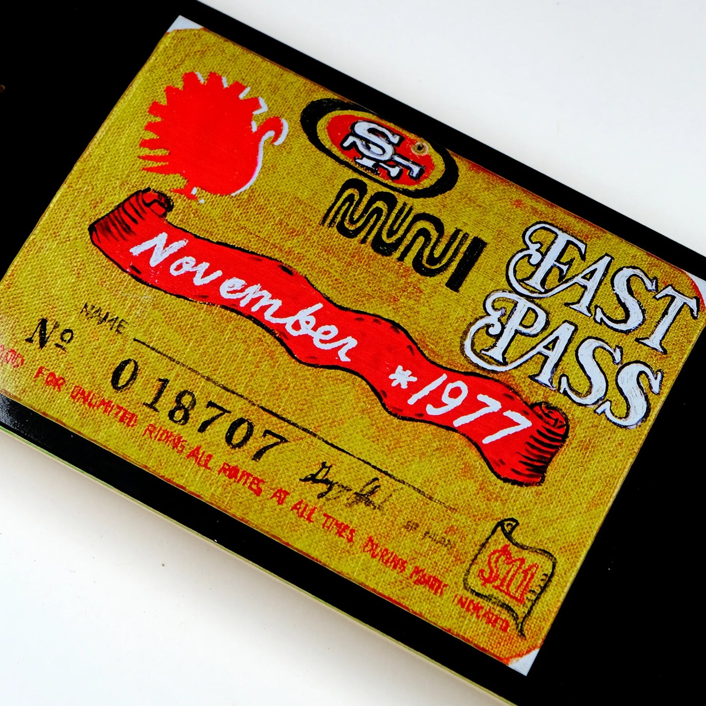 Vintage-style 'Muni Fast Pass' ticket from November 1977 on a white background
