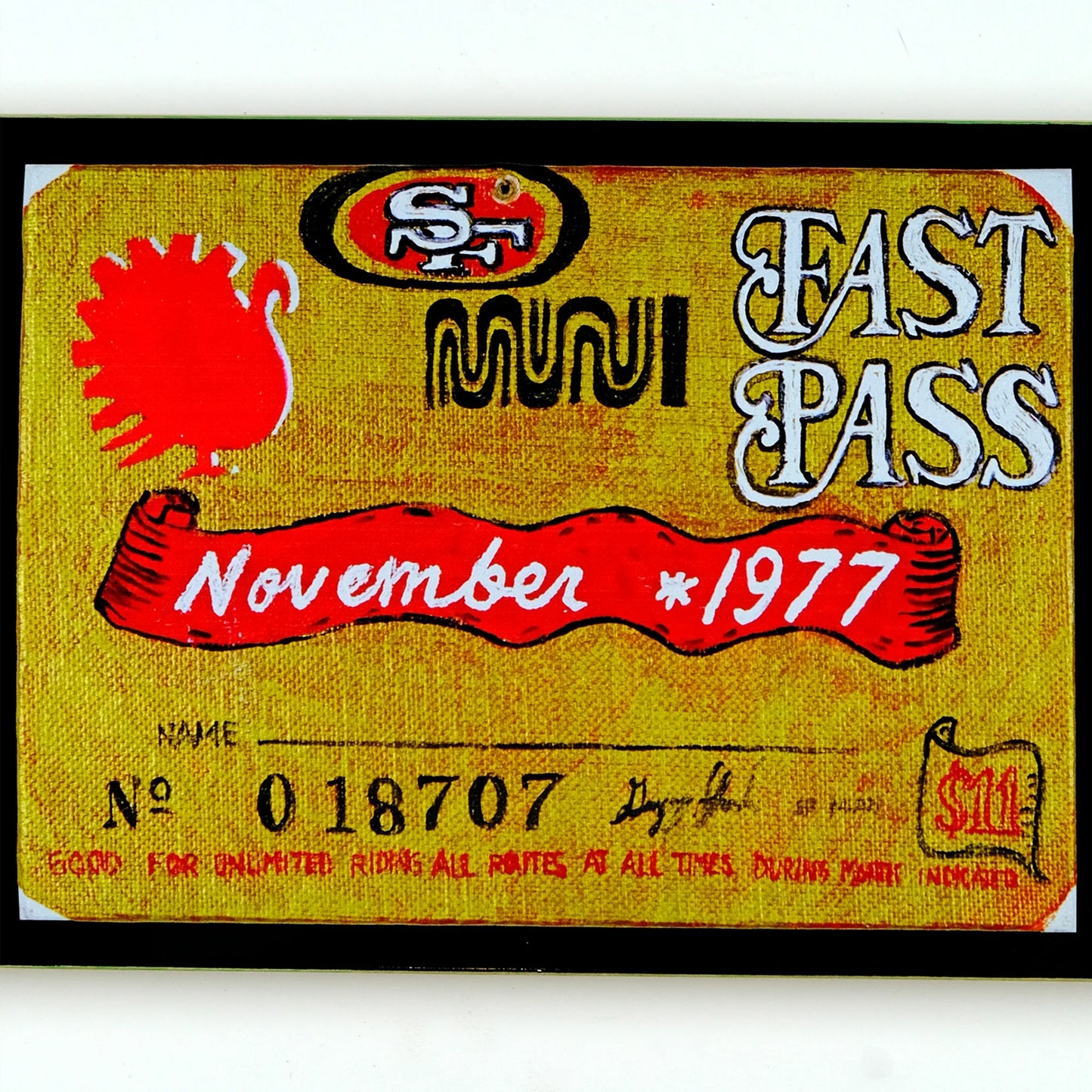 Vintage Muni Fast Pass from November 1977 with red and yellow design.