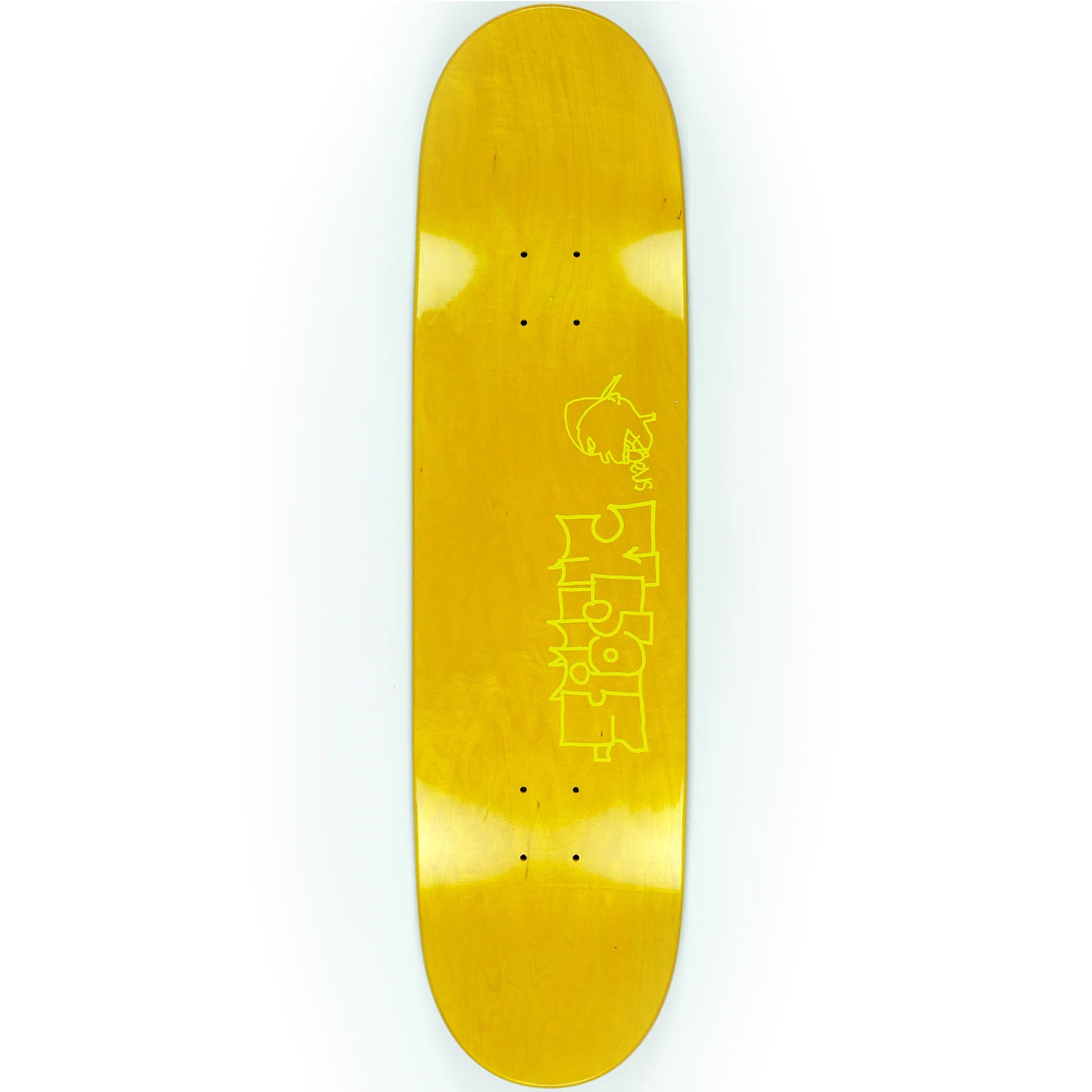 Yellow skateboard deck with a logo on a white background