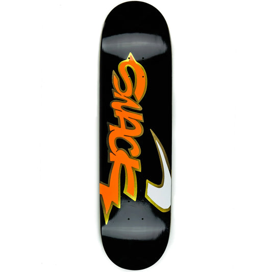 Skateboard deck with orange and white logo on a black background
