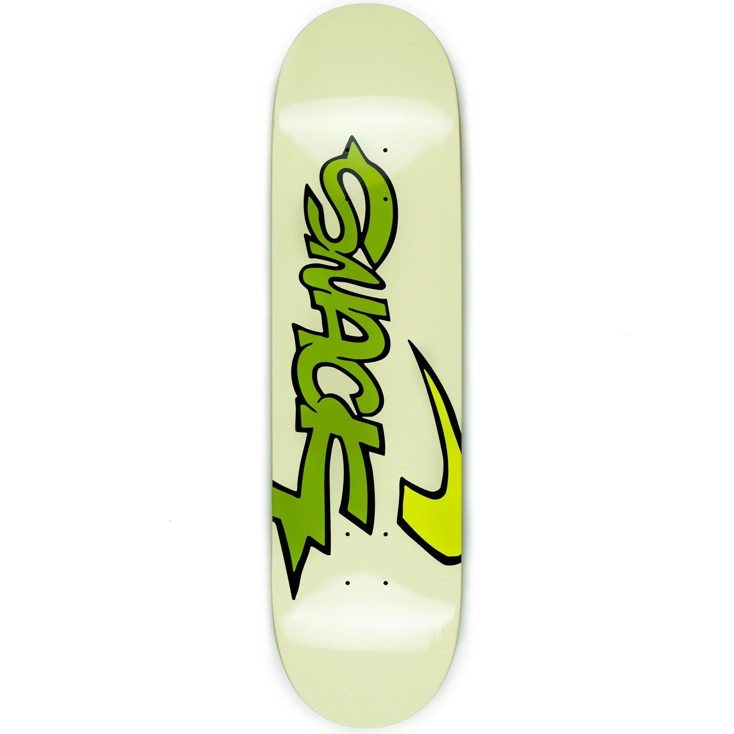 Skateboard deck with green and black logo on a white background