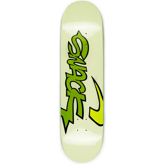 Skateboard deck with green and black logo on a white background