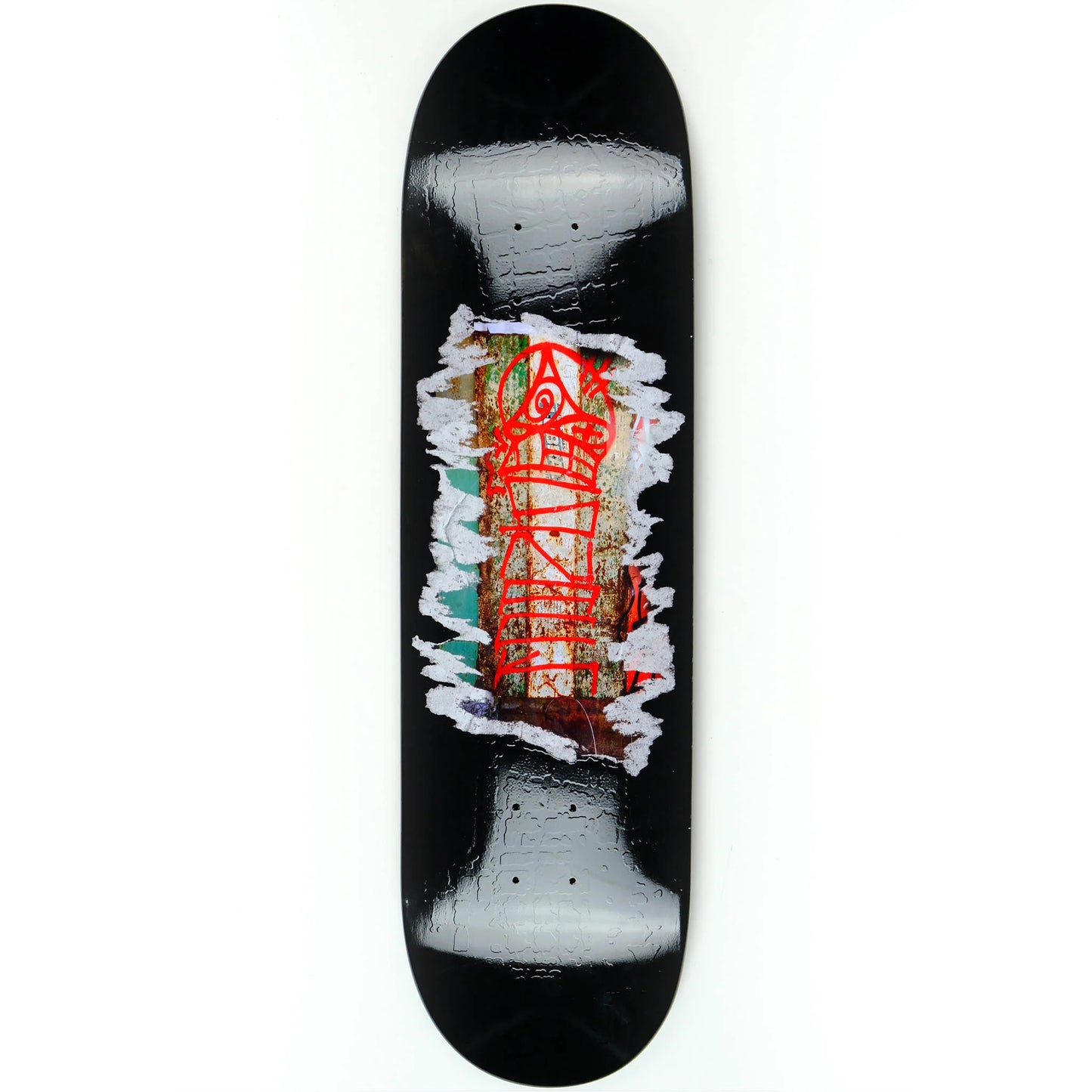 Skateboard deck with a colorful design on a white background