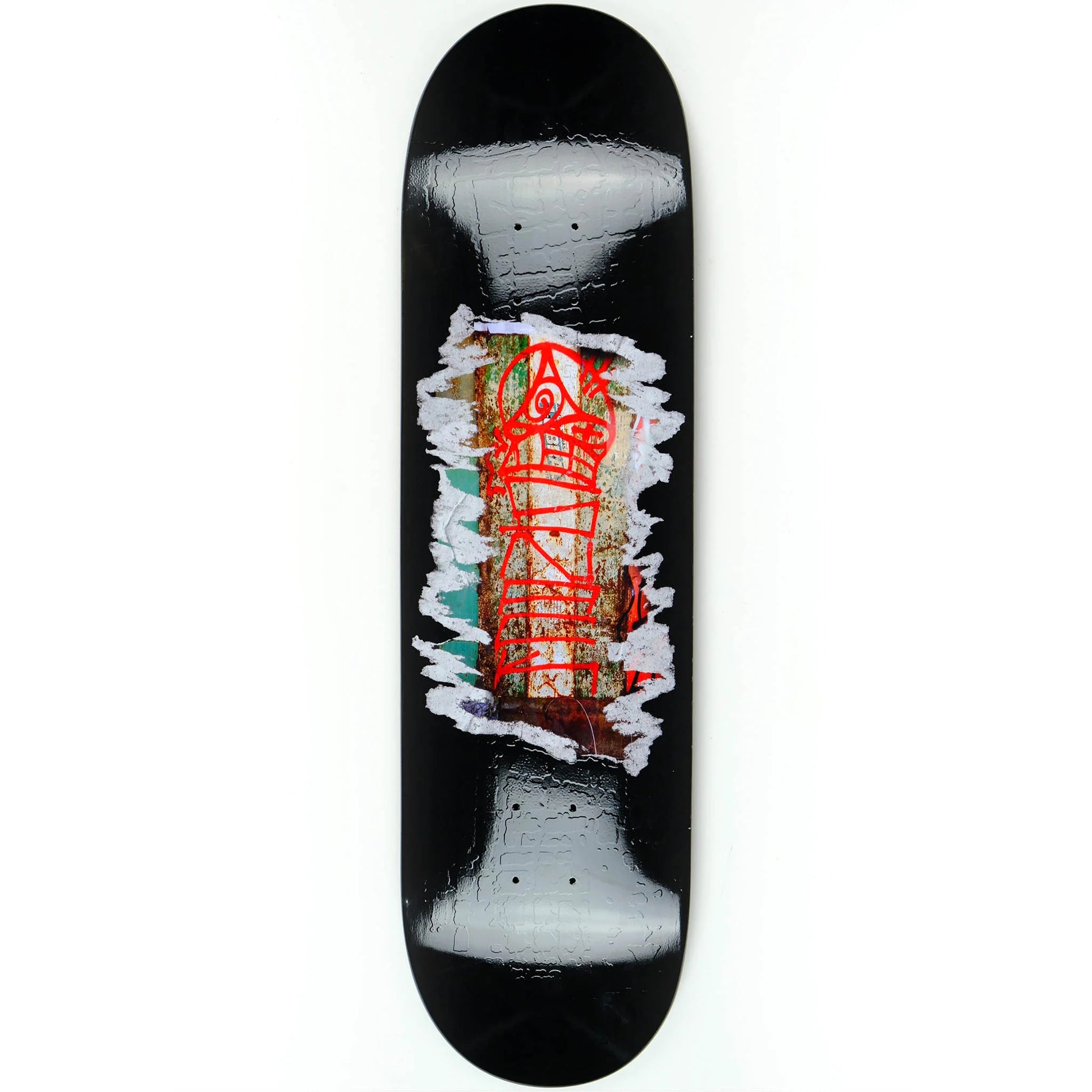 Skateboard deck with a colorful design on a white background