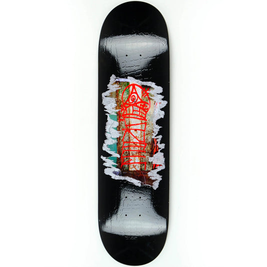 Skateboard deck with a colorful design on a white background