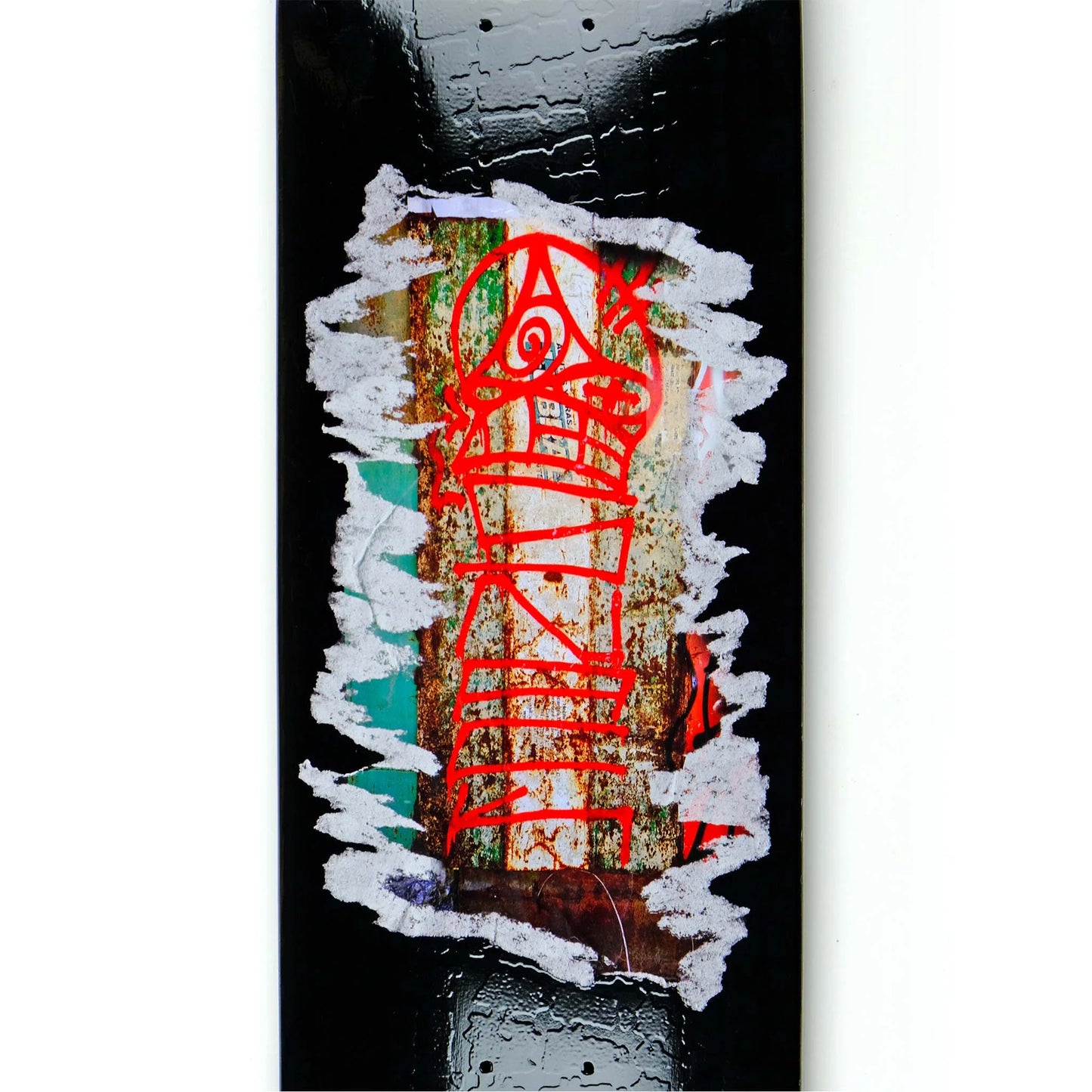 Abstract art piece with red and white text on a black background