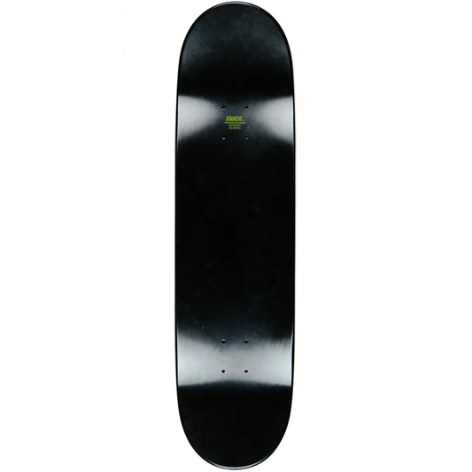 Black skateboard deck with a visible brand logo on a white background