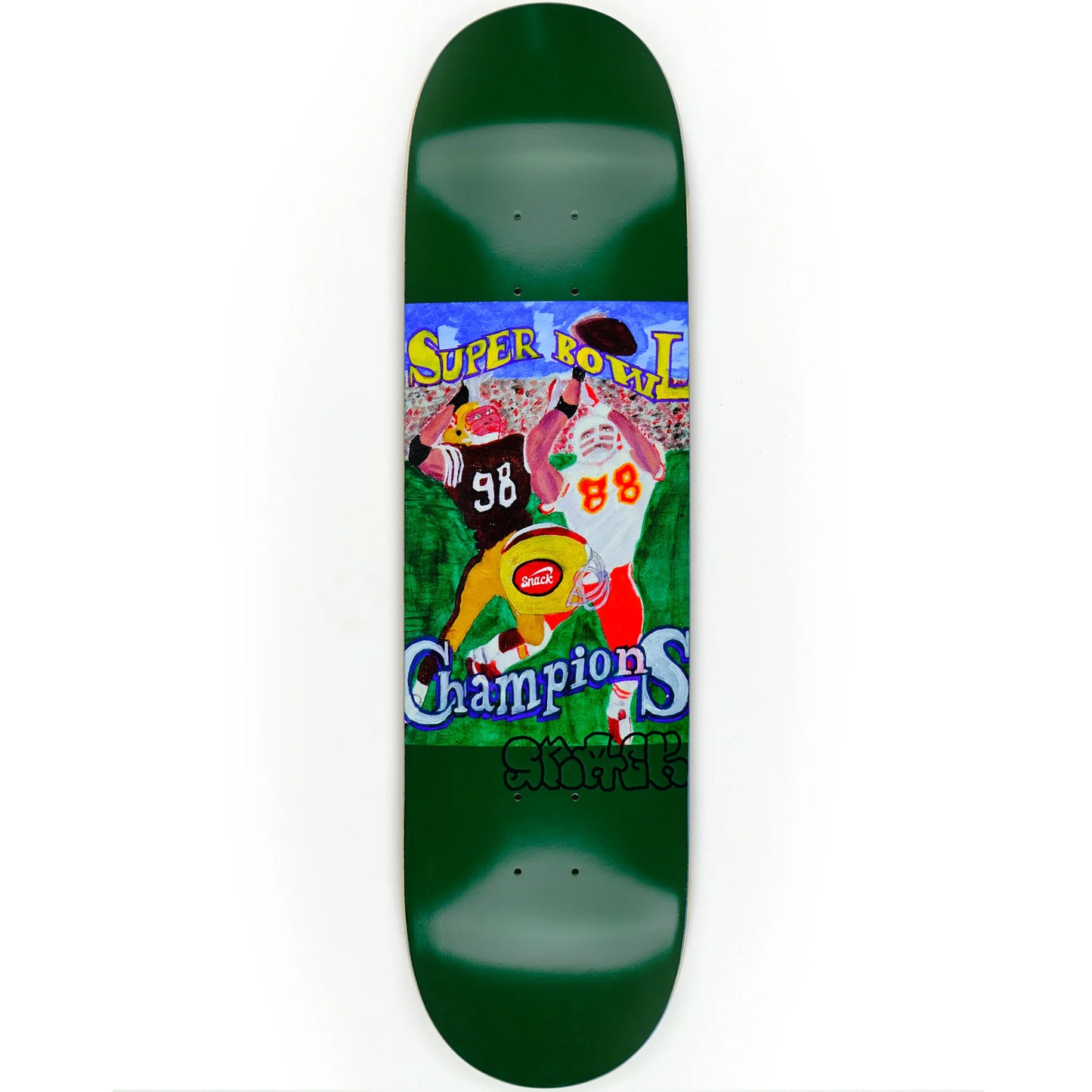 Skateboard deck with Super Bowl Champions design on a green background