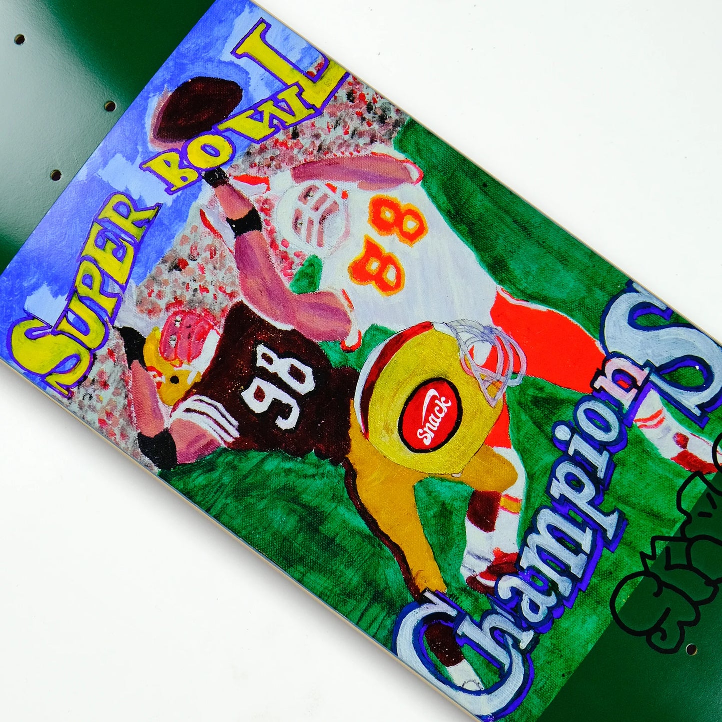 Colorful skateboard deck with Super Bowl LIII Champions design featuring football players and text.