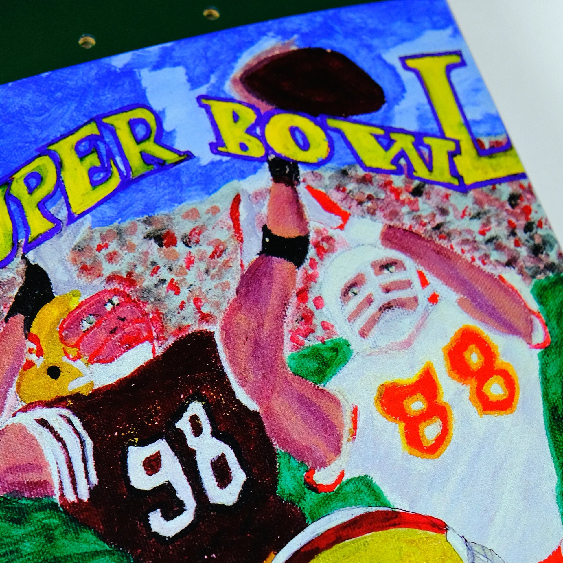 Colorful artwork of a football player and pig with 'Super Bowl' text on a textured background.