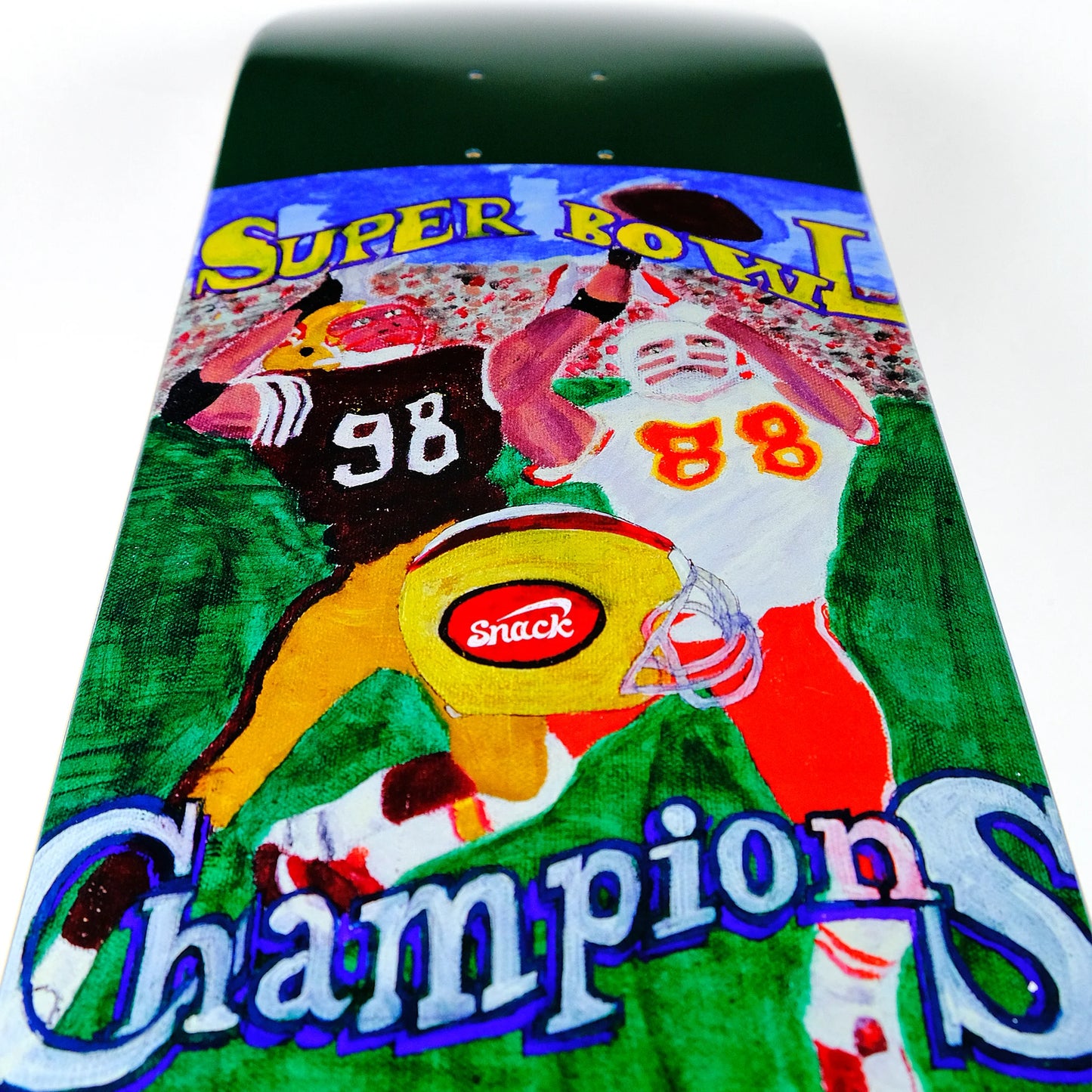 Colorful graphic of football players celebrating with 'Super Bowl LIV' text and 'Champions' text.