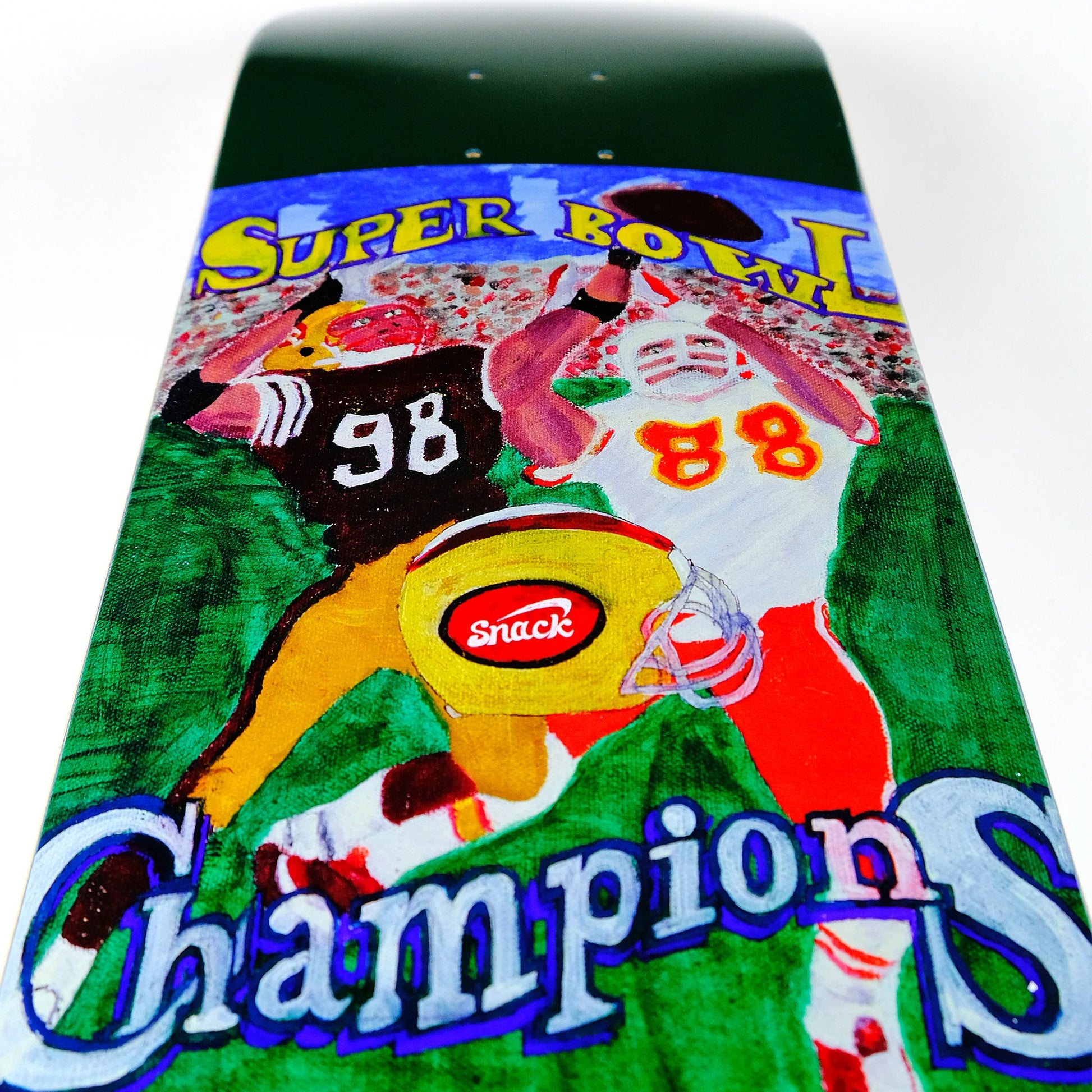 Colorful graphic of football players celebrating with 'Super Bowl LIV' text and 'Champions' text.
