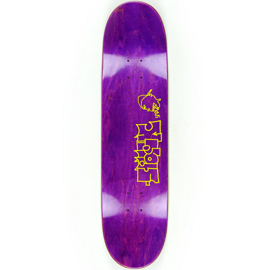 Purple and white skateboard deck with a logo on a white background