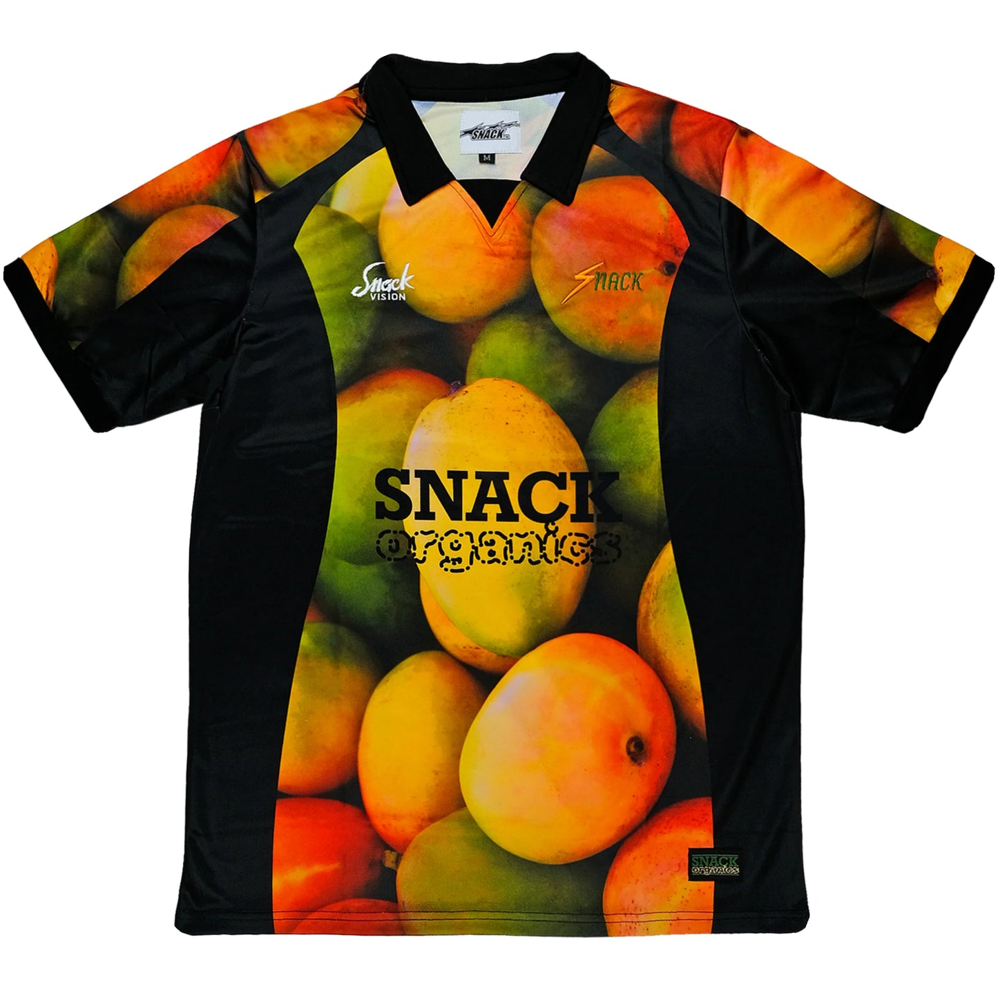 Shirt with fruit design and 'Snack Organics' branding on a white background