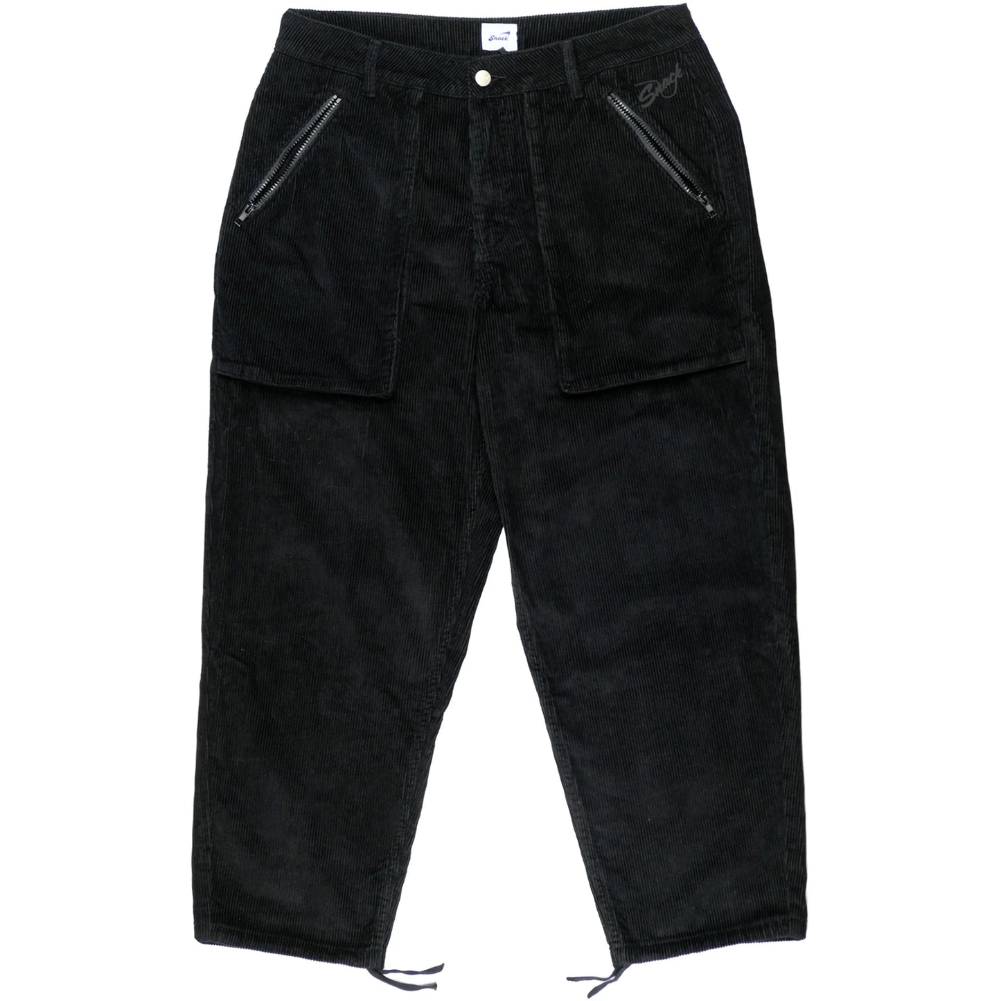 Black corduroy pants with zippers on a white background