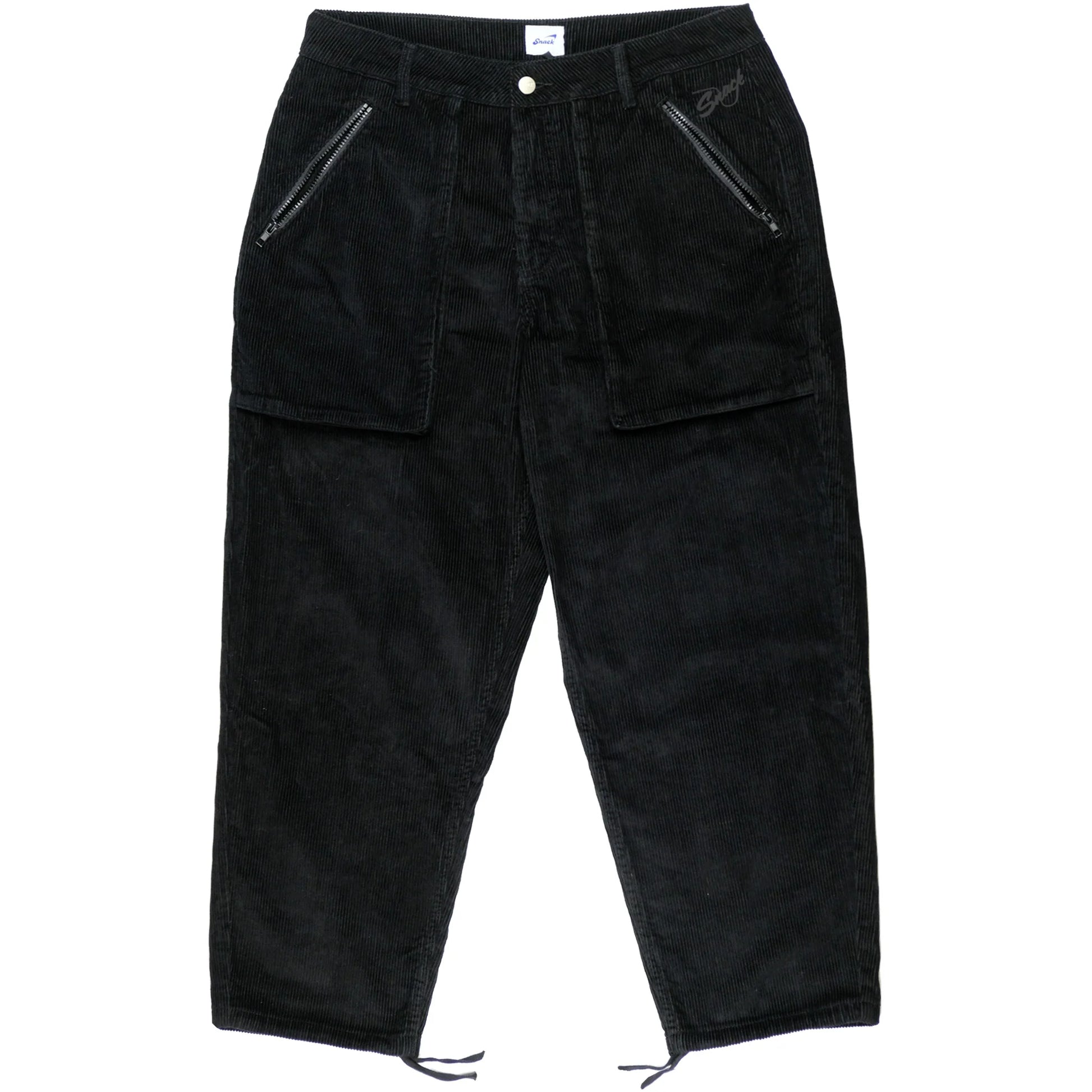 Black corduroy pants with zippers on a white background