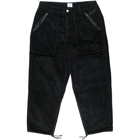 Black corduroy pants with zippers on a white background