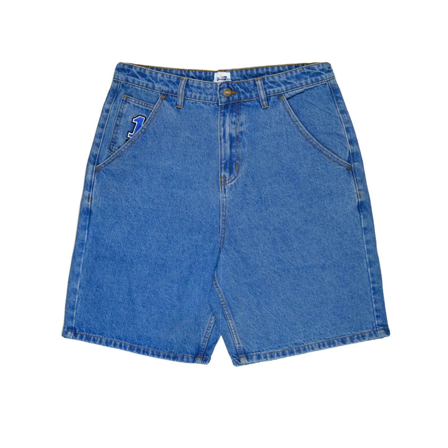 Blue denim shorts on a white background