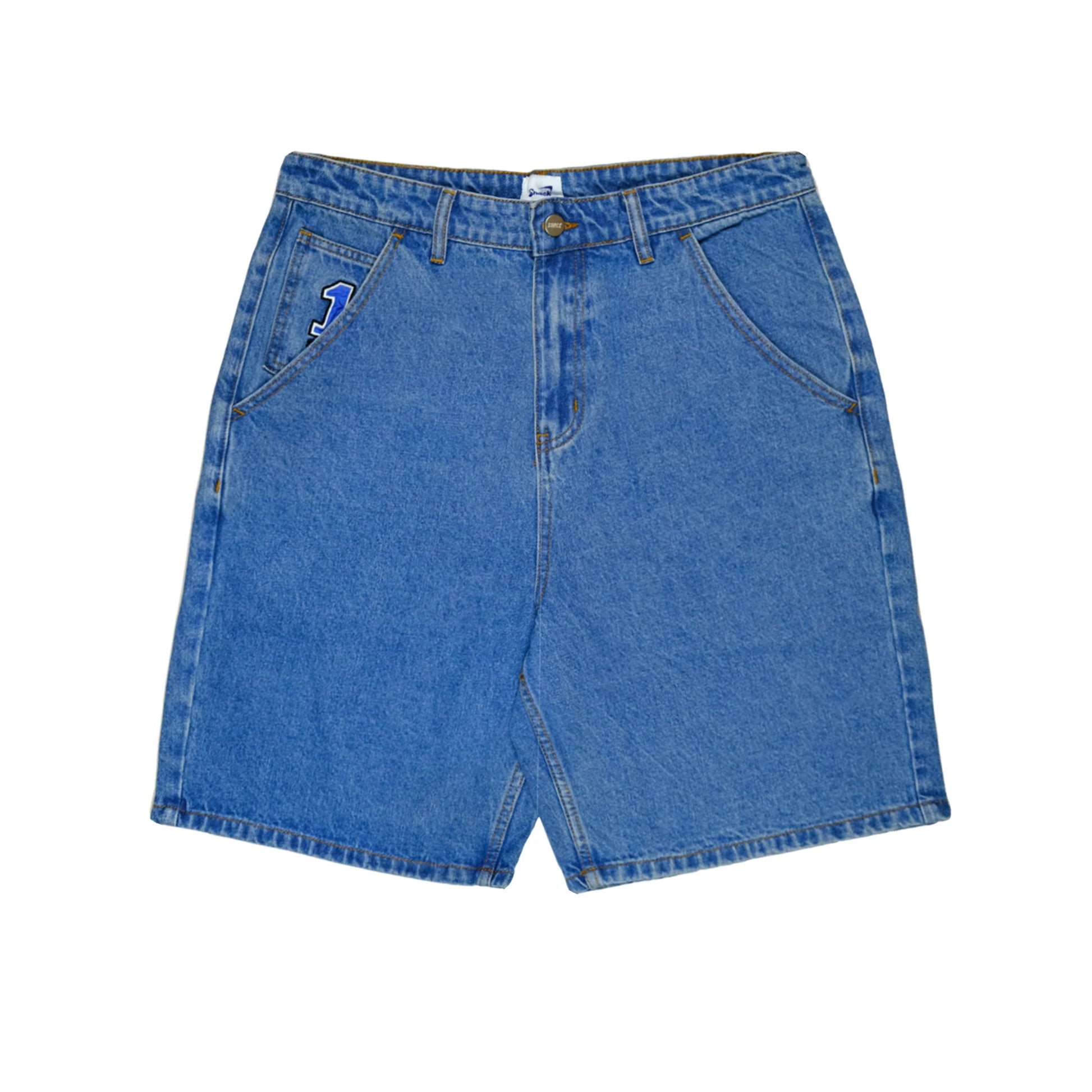 Blue denim shorts on a white background