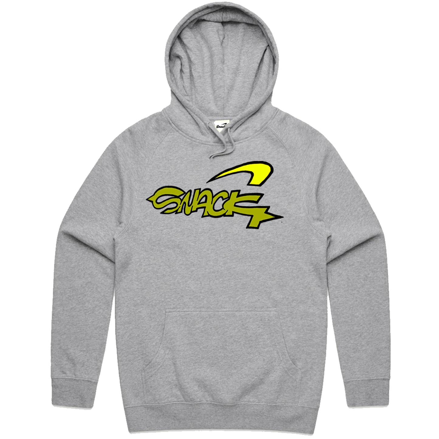 Gray hoodie with yellow and black logo on a white background