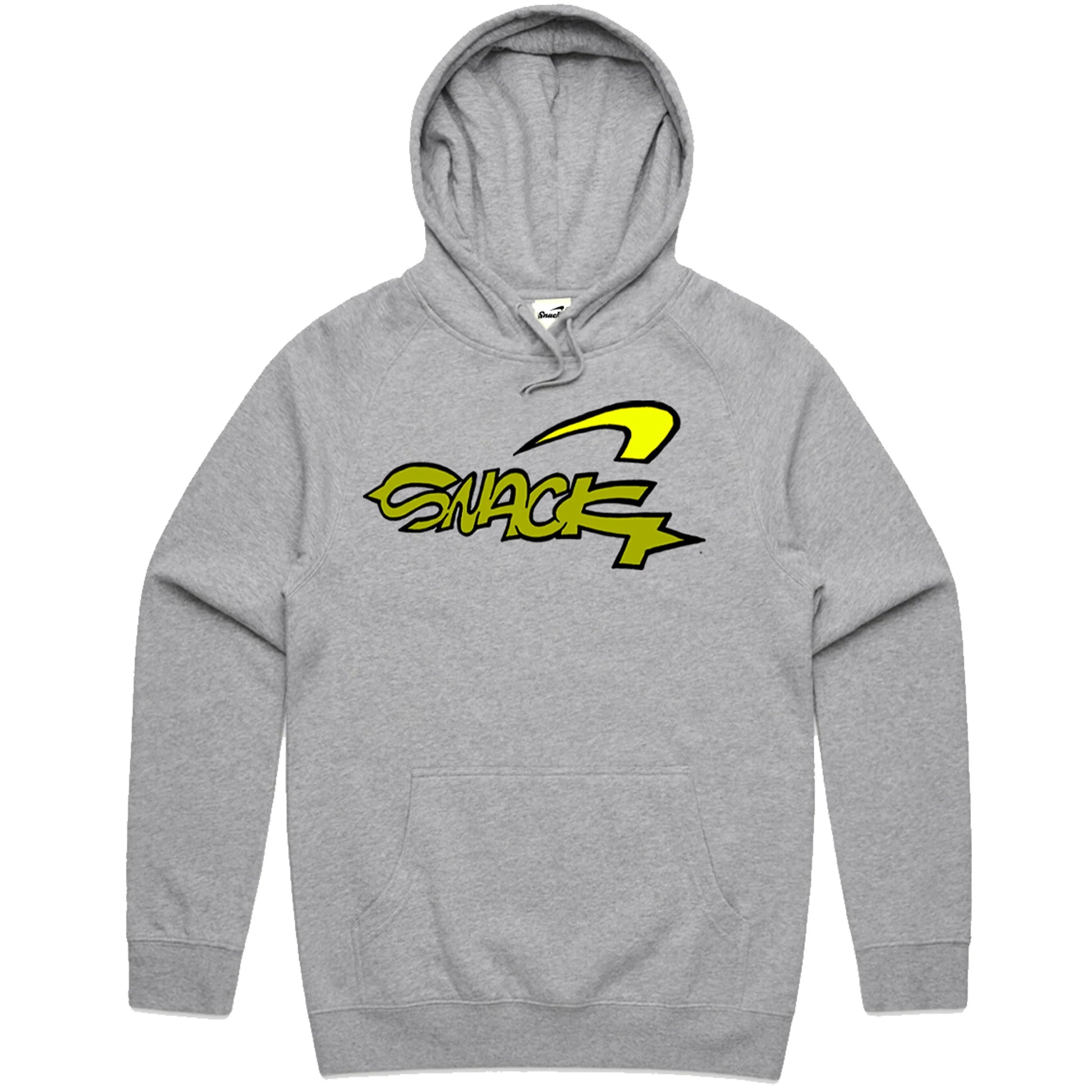 Gray hoodie with yellow and black logo on a white background