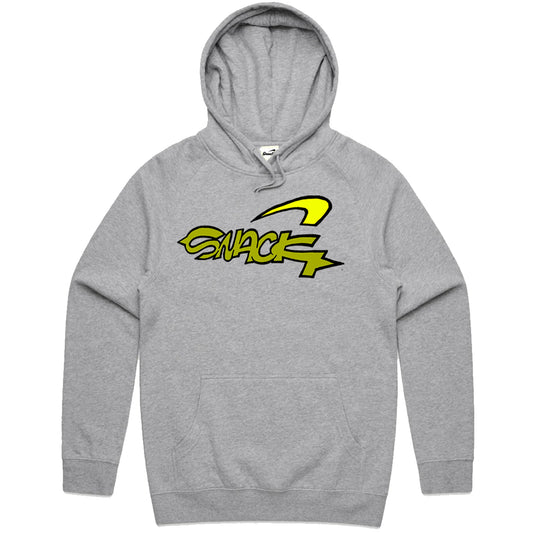 Gray hoodie with yellow and black logo on a white background