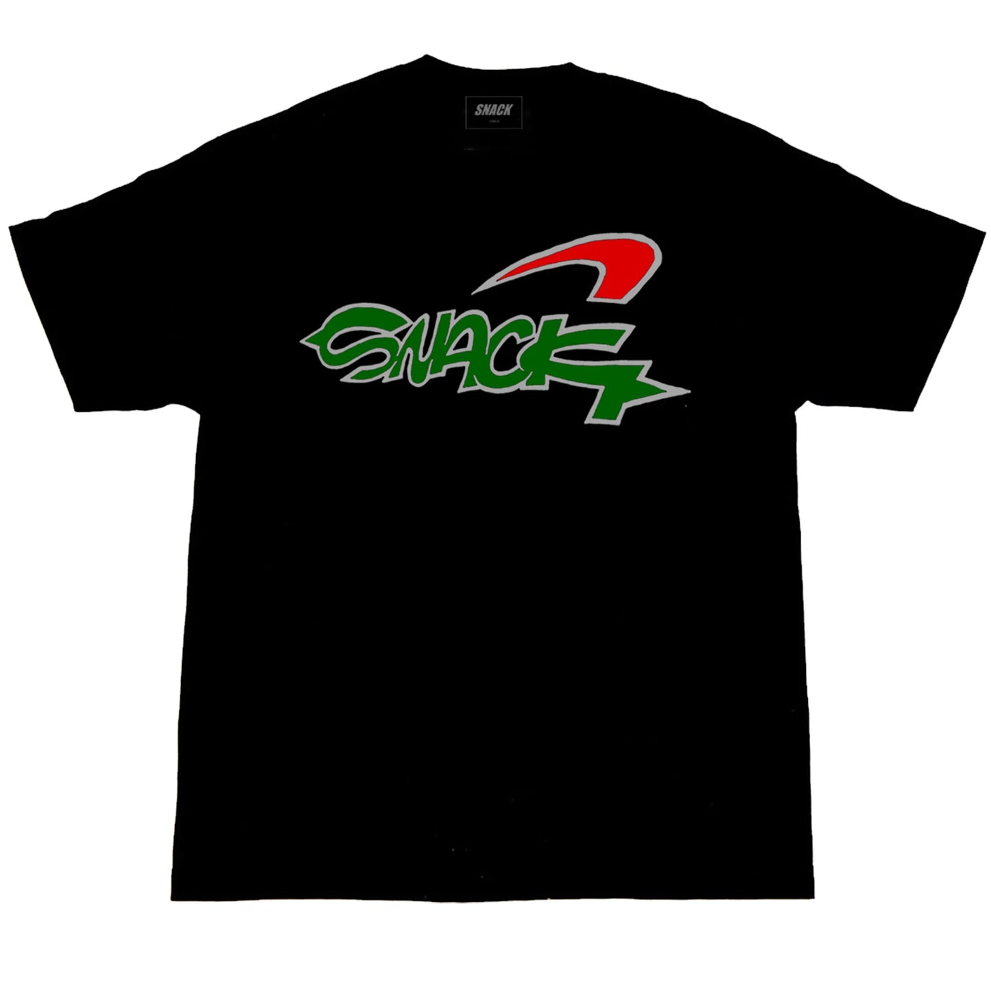 Black t-shirt with a colorful logo on a white background