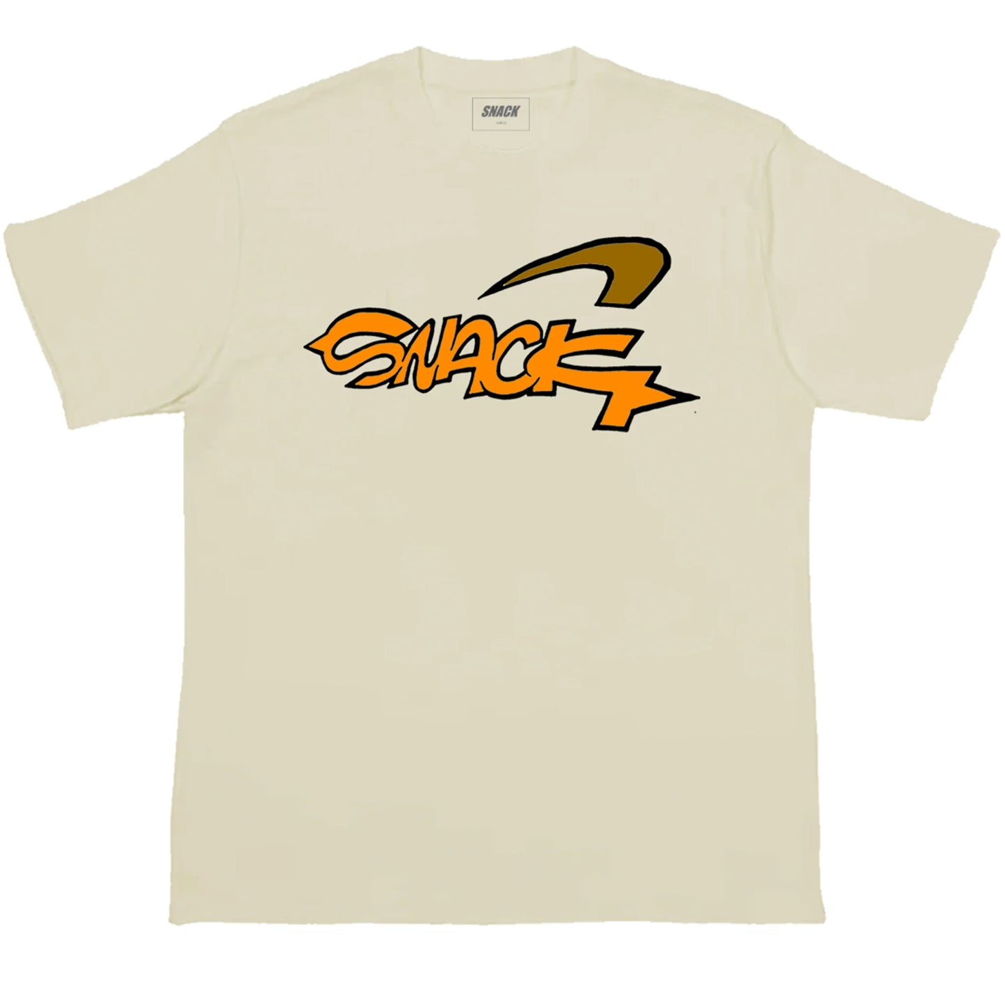 Beige t-shirt with 'Snack' logo on a white background