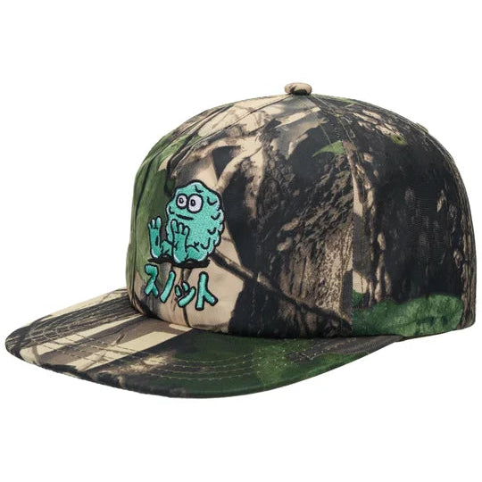 Camouflage baseball cap with a green frog design on a white background
