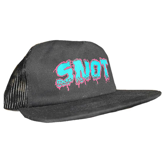 black trucker hat with pink and blue 'Snot' text on a white background