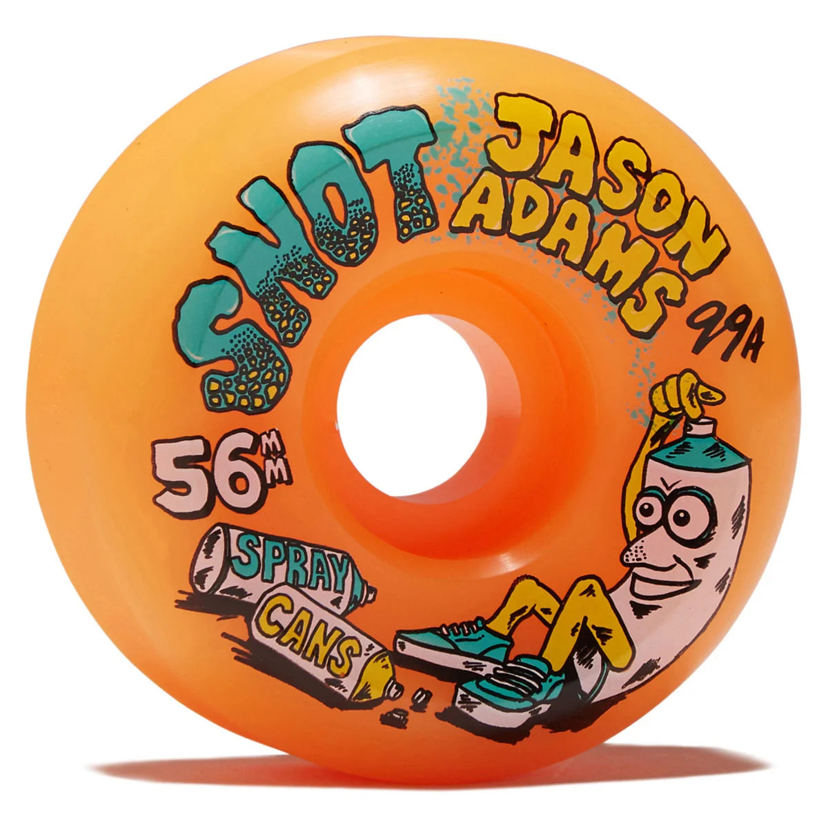 An orange skateboard wheel featuring graphic text and illustrations, including 'SHOT JASON ADAMS 99A', '56mm', and 'Spray Cans' artwork, shown on a white background.